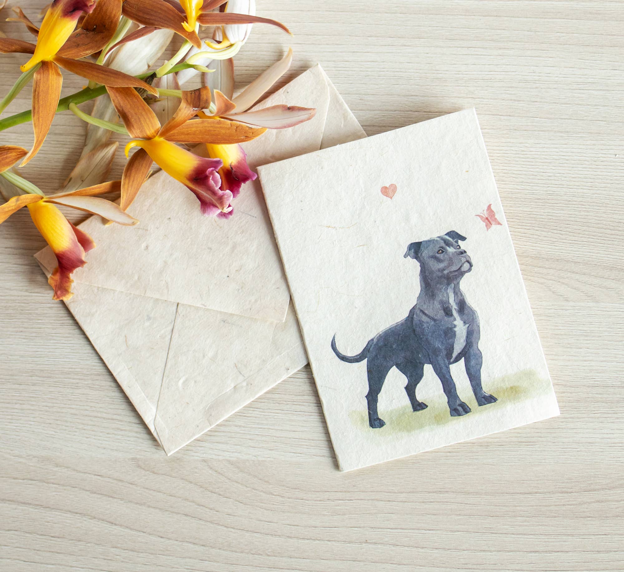 Grusskarte A6, gedruckt auf Lokta-Papier, handgezeichnet, Staffy