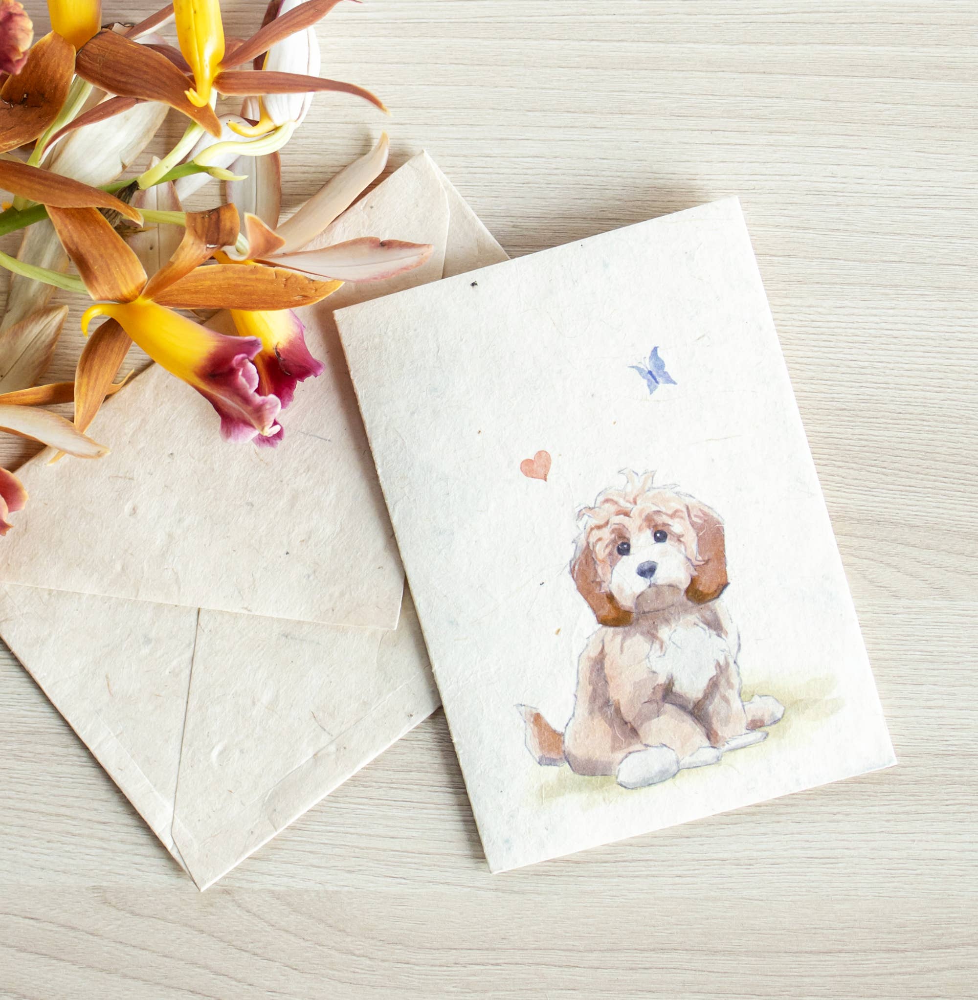 Grusskarte A6, Lokta-Papier, handgezeichnete Kunst, Cockapoo